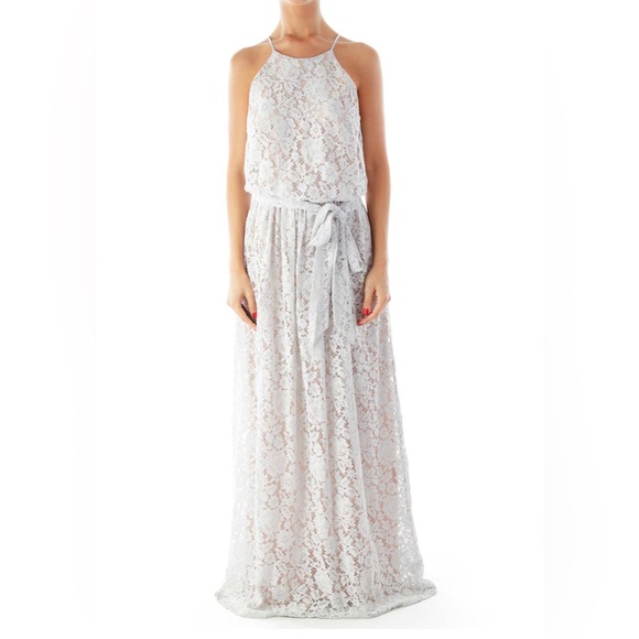 Anthropologie- Donna Morgan Blue Gray Lace Maxi Dress - Picture 4 of 6